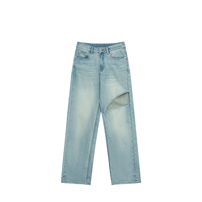 宿慕SUMU 女士设计感破洞直筒裤 6-13 夏季新款牛仔裤35382