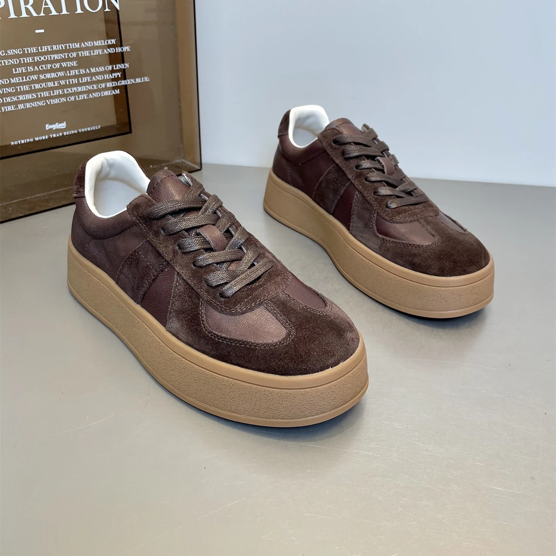 厚底德训鞋女2025新款复古美拉德棕色磨砂皮拼接运动休闲百搭板鞋
