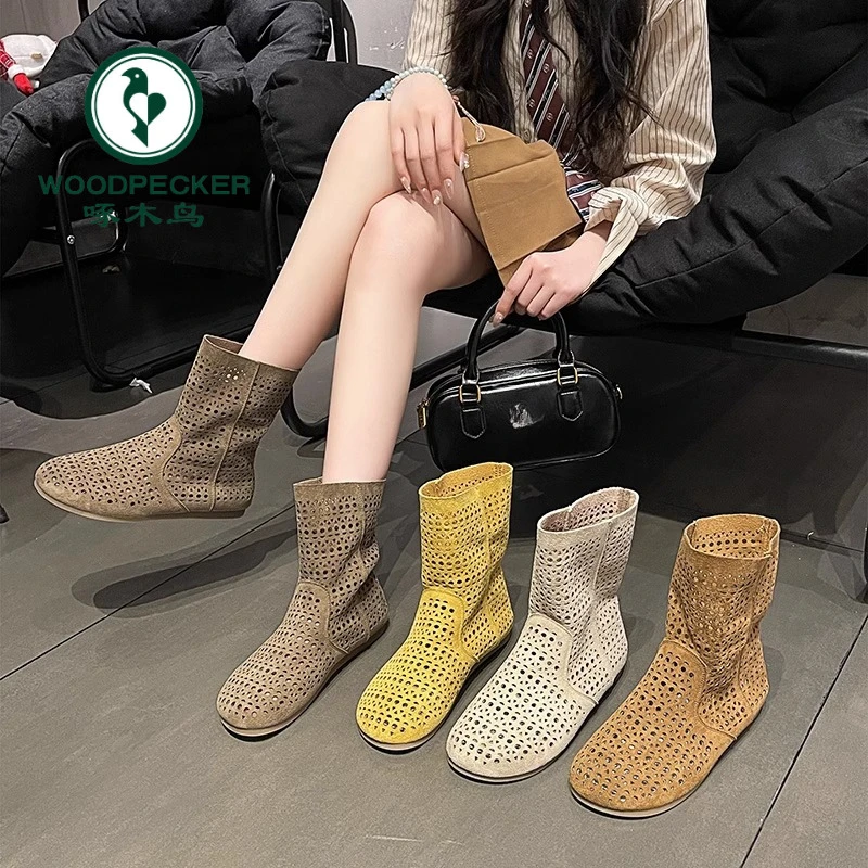 啄木鸟复古镂空网靴鞋子女款爆款2025夏季新款透气百搭平底凉靴女