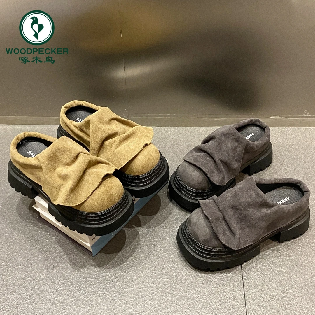 啄木鸟磨砂松糕厚底包头半拖鞋女外穿复古百搭小个子增高勃肯拖鞋