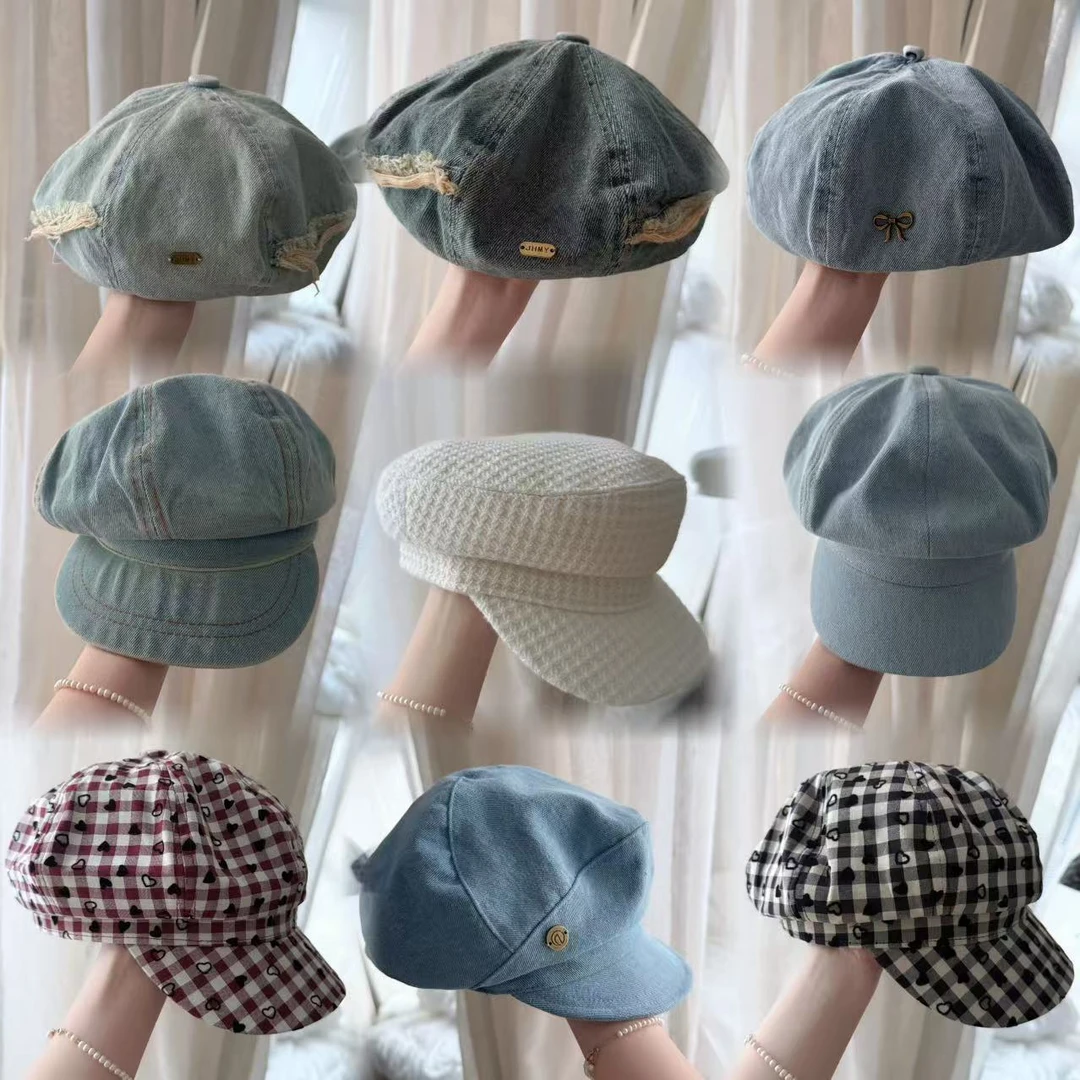 贝雷帽八角帽合集丹宁风复古牛仔夏季大头围太阳画家帽显脸小百搭