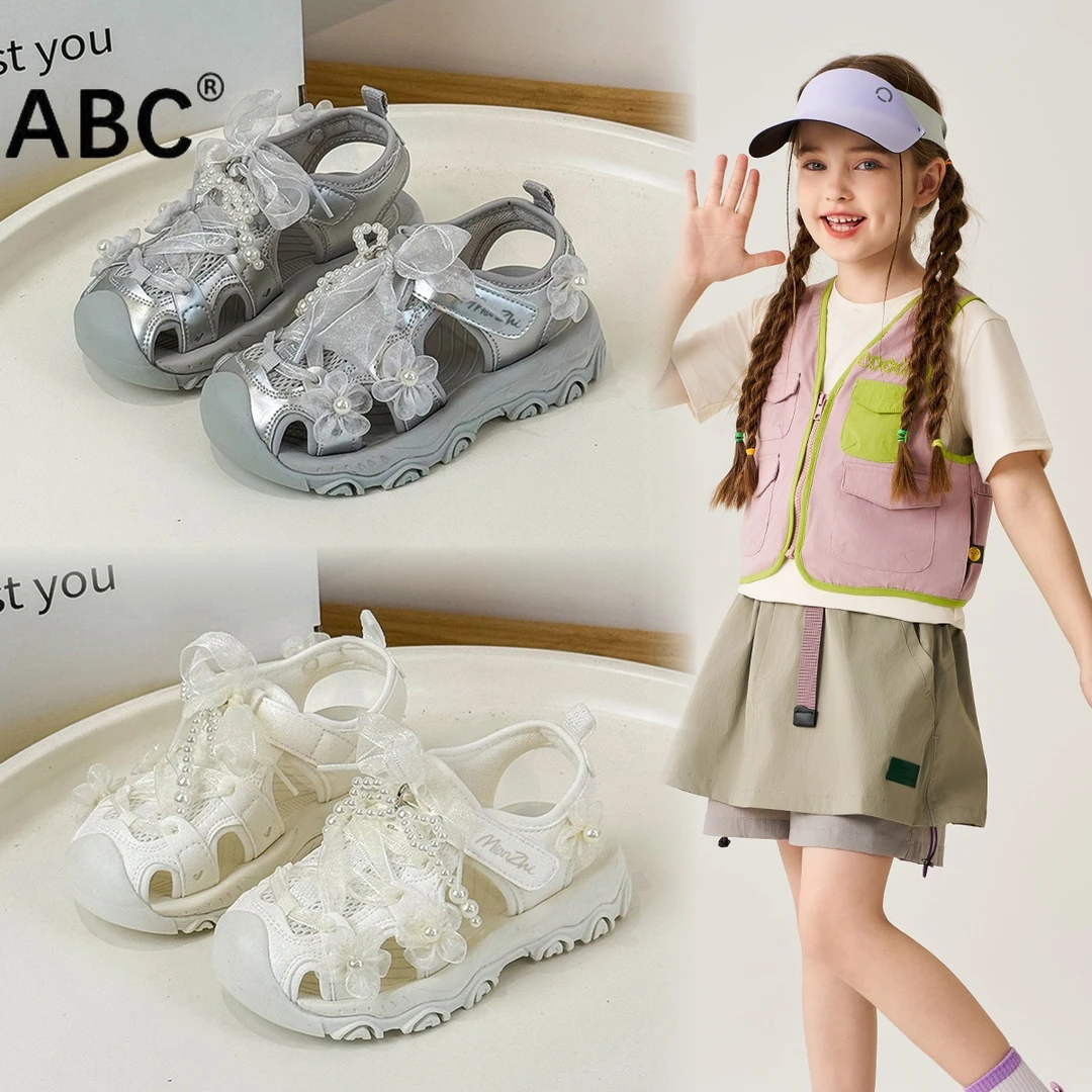 ABC女童凉鞋2025夏季新款儿童珍珠蝴蝶结公主鞋女孩洋气镂空凉鞋