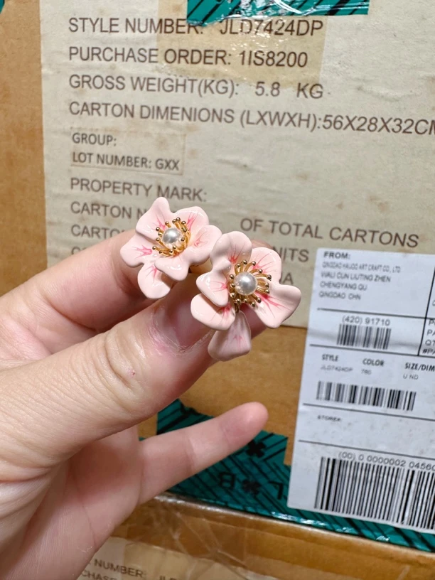 铜合金珐琅耳饰 饰品小众甜美粉色花朵耳钉百搭气质