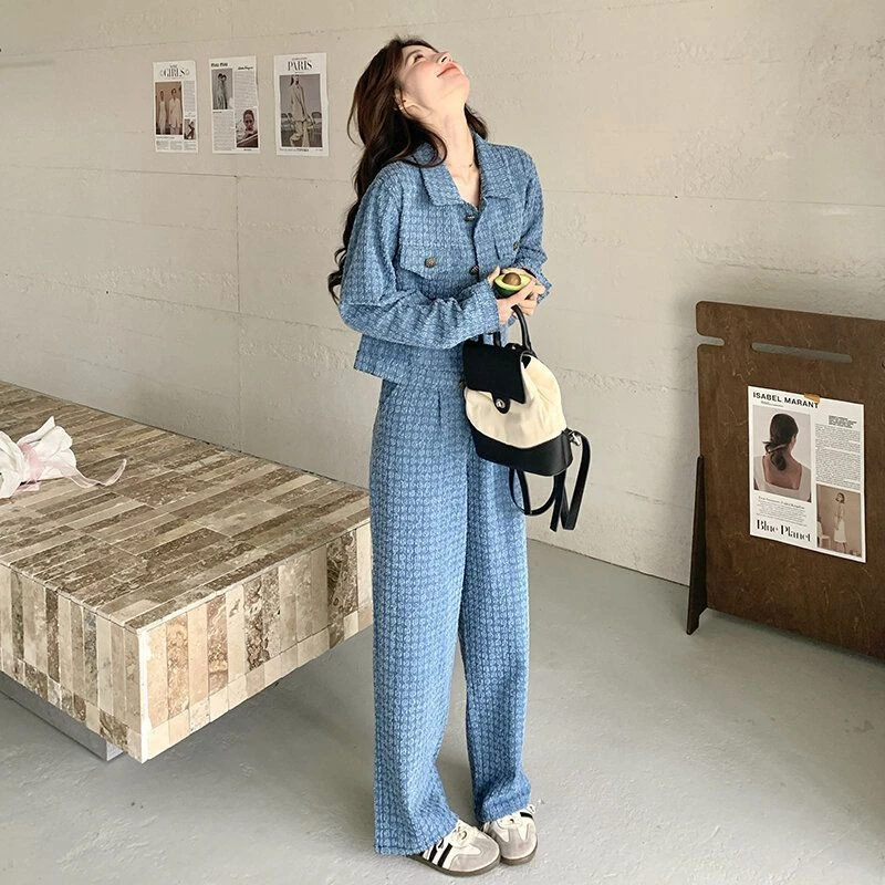 气质蓝色小香风格牛仔高级套装2025洋气显瘦新款两件套简约秋冬