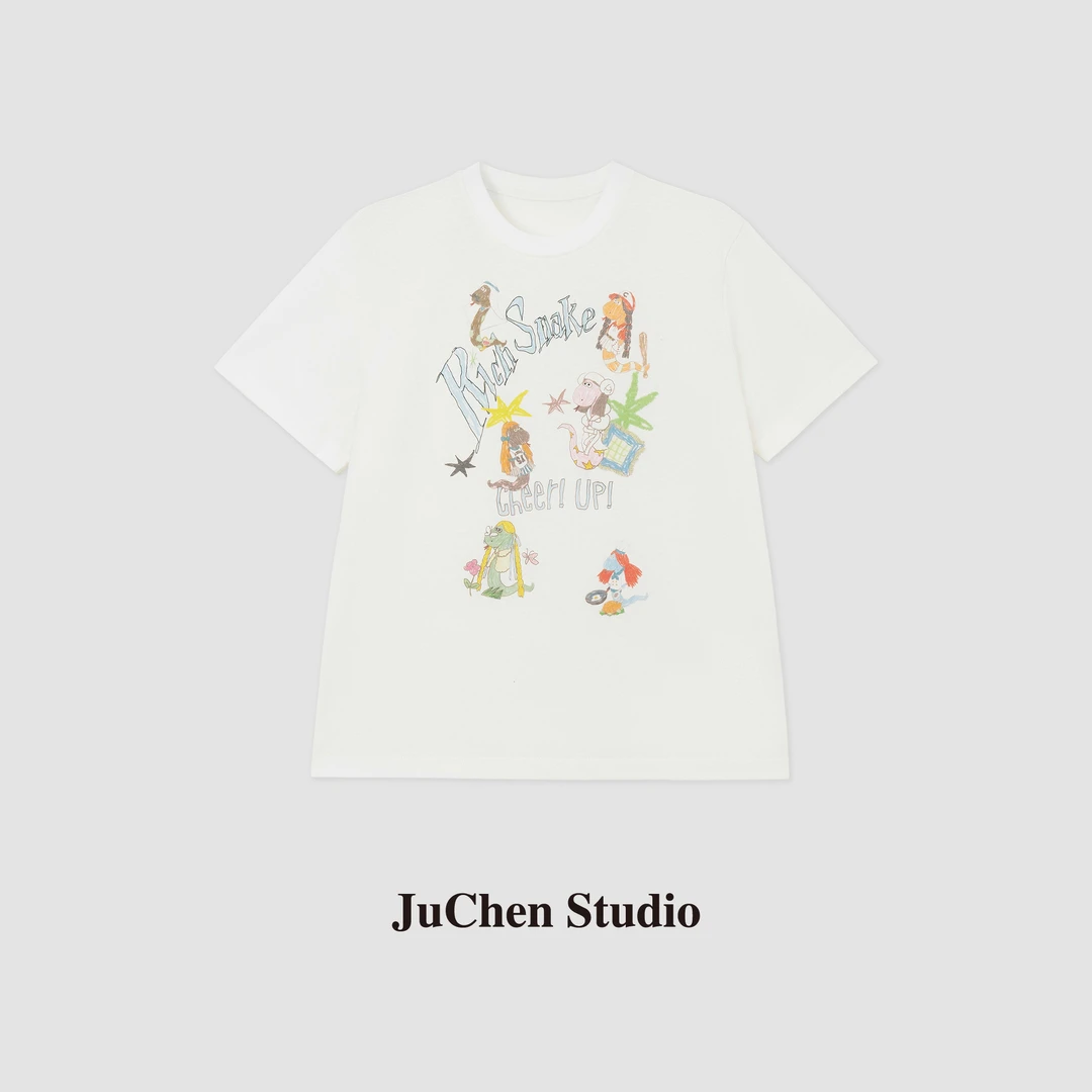 “灵蛇迎春”手绘萌趣字母印花圆领卡通纯棉短袖夏日穿搭SS12324-16