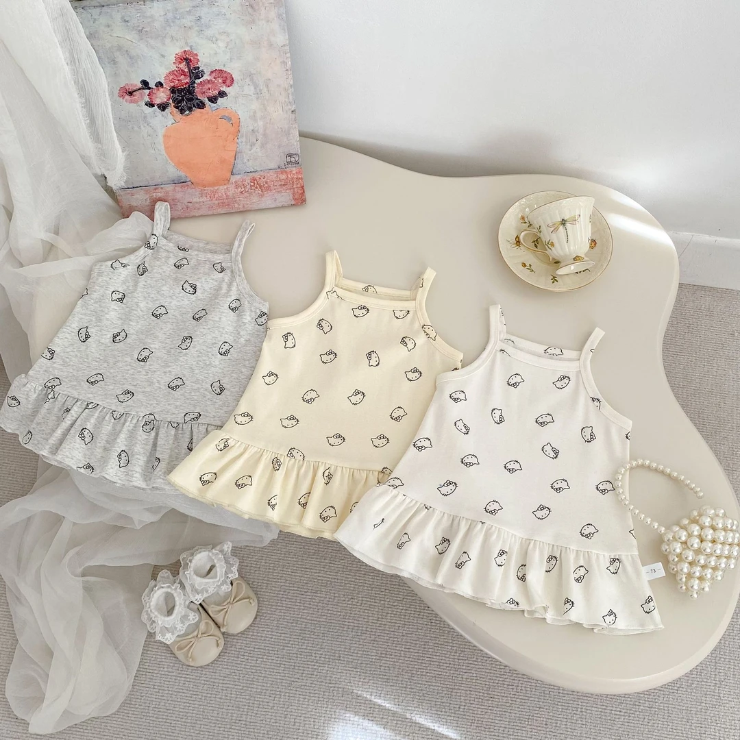 ins新款可爱女小童夏季连衣裙超萌卡通裙子女宝宝荷叶边吊带裙子