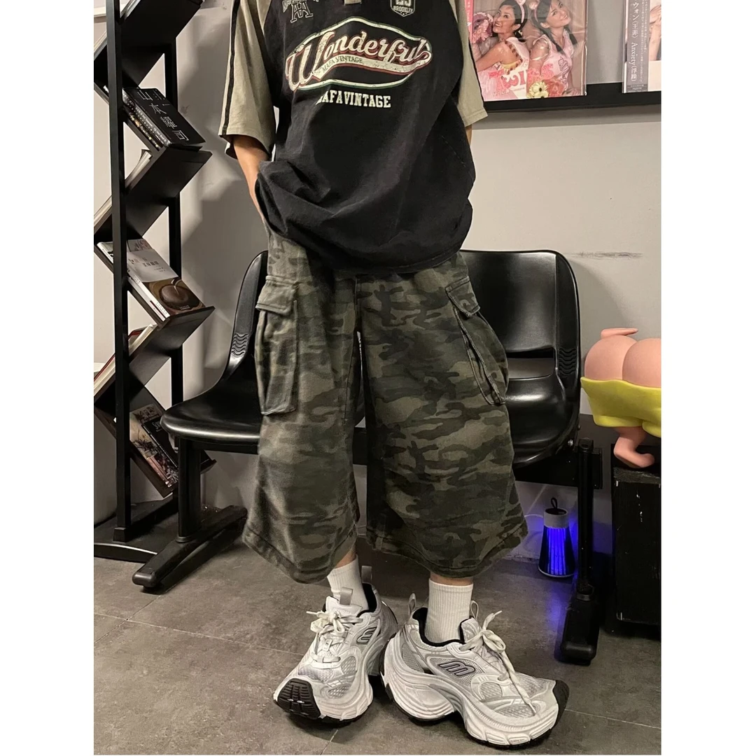 美式复古迷彩七分工装牛仔裤男女夏季新款潮牌宽松直筒裤休闲短裤