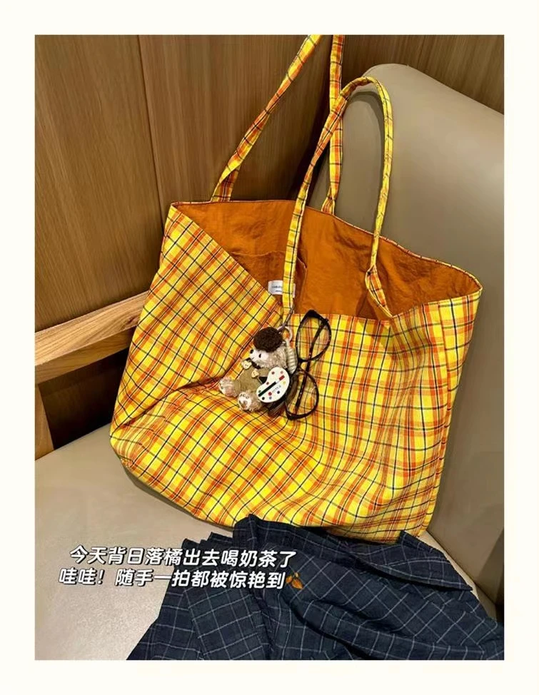 黄格纹帆布包复古托特包女大容量双面背单肩手提包通勤轻便购物袋