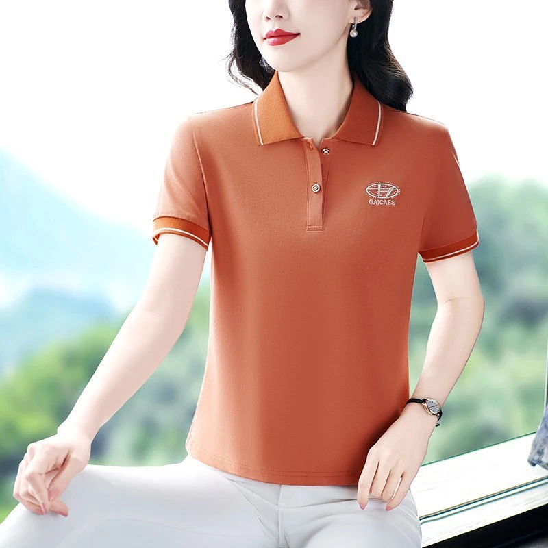 冰丝翻领polo衫女2025夏装大码刺绣洋气t恤减龄妈妈百搭上衣显瘦