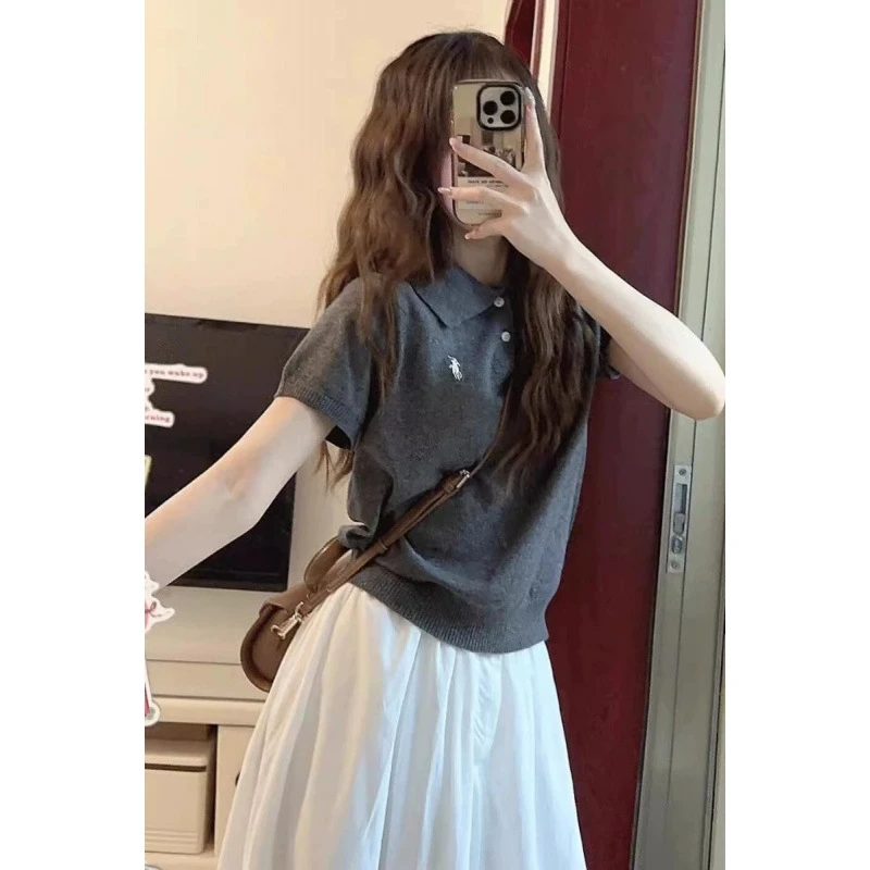 韩版polo领短袖针织上衣女2025短款甜美百搭小马刺绣针织衫女