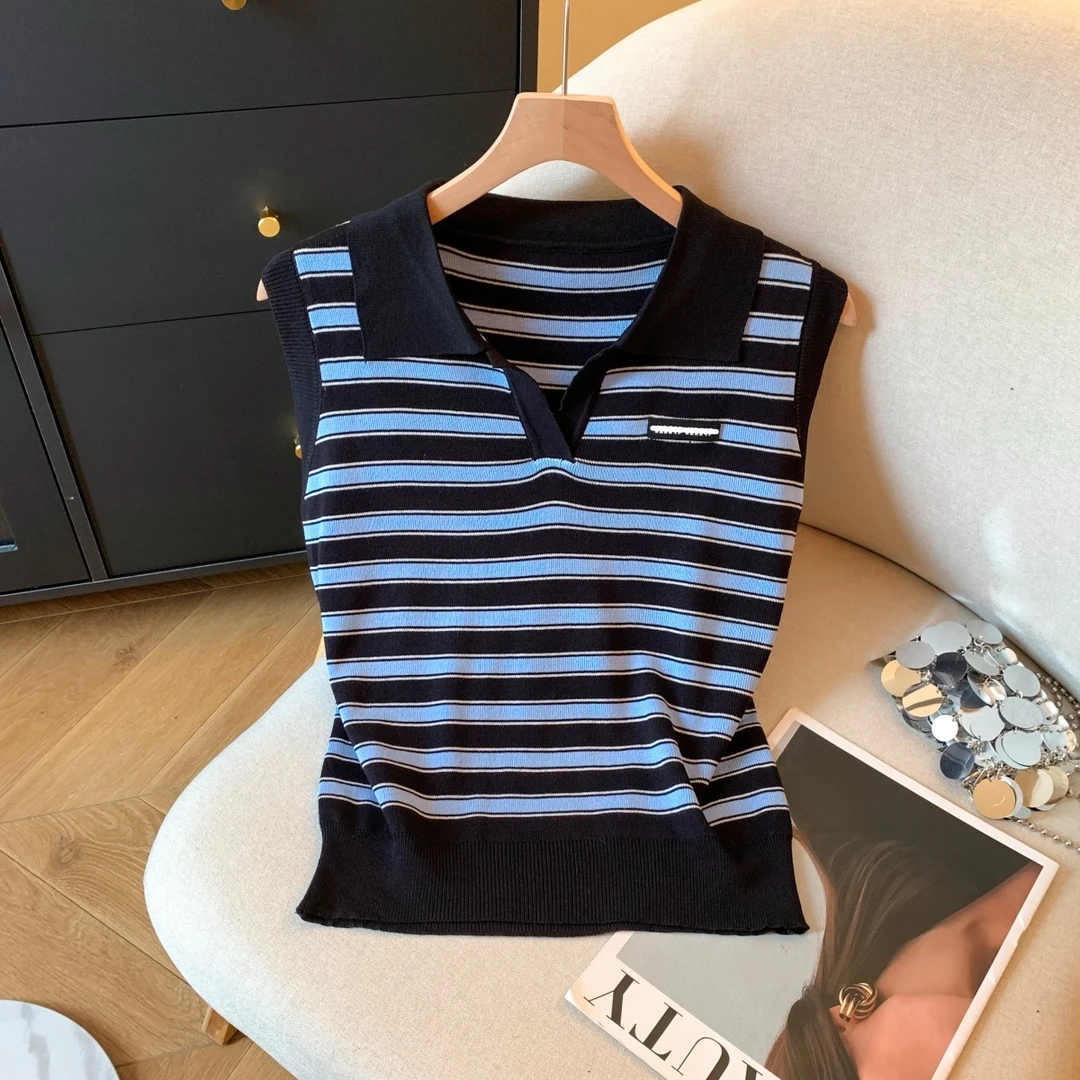 韩版复古条纹翻领针织背心女夏季新款学院风百搭修身显瘦短款上衣