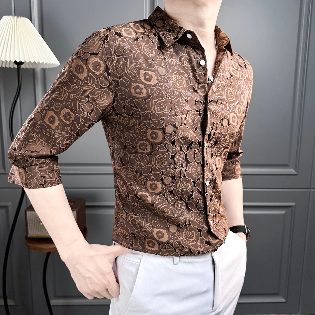 高端印花中袖衬衫男生上衣痞帅设计师款男装夏季新款七分袖衬衣男