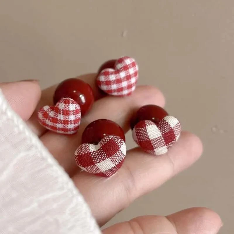 铜合金耳饰 格子布爱心红色珠子耳环显白喜气质时尚耳坠饰品N3651