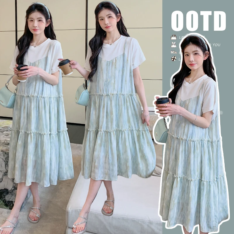 孕妇装女2025新款爆款洋气夏装连衣裙宽松韩版高级夏季长款假两件