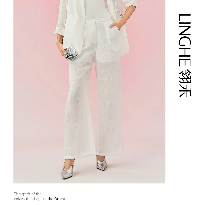 翎禾LINGHE-「燕归来」白色薄款时尚透气通勤亚麻休闲西装裤