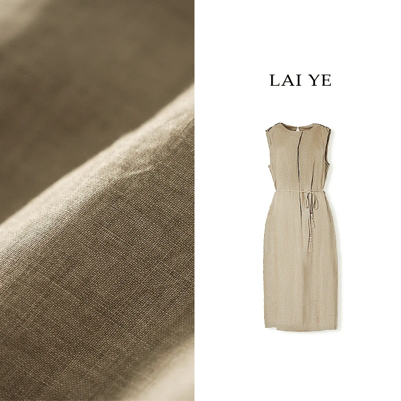 100%纯亚麻连衣裙圆领女装赫本风夏天高贵无袖慵懒高级松弛感显瘦