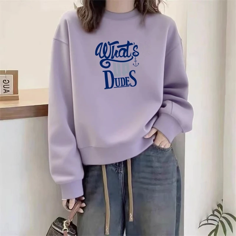 圆领卫衣女秋冬季保暖大码宽松加绒加厚打底内搭休闲印花圆领上衣