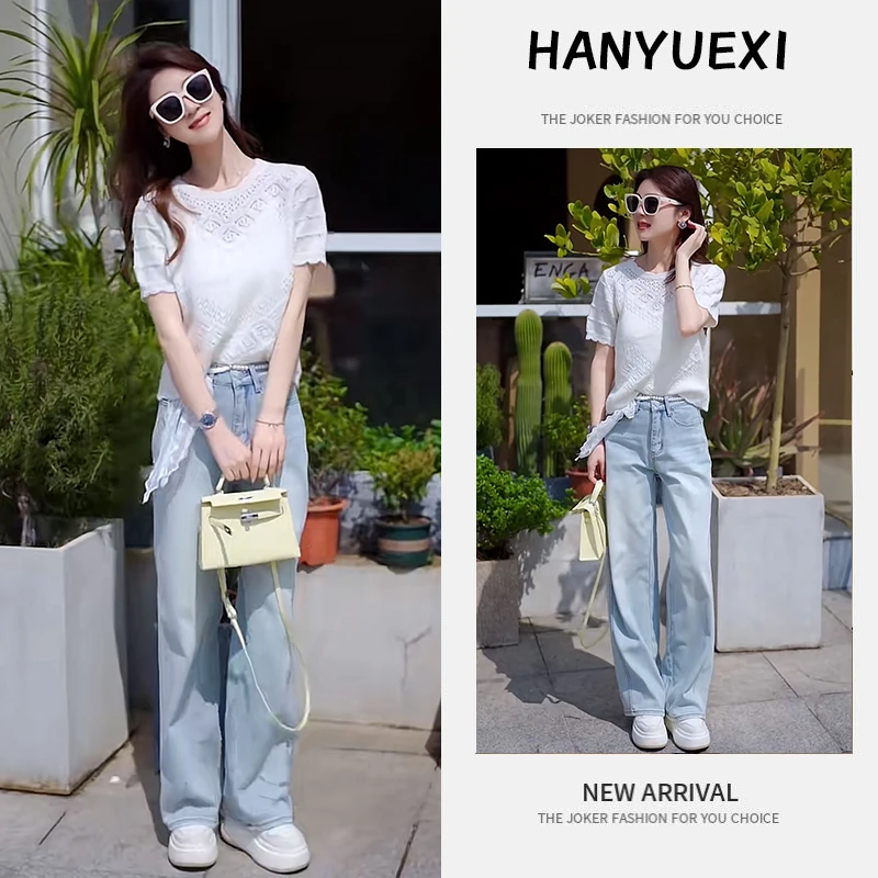 夏季时尚一整套女装2025新款韩版复古短袖上衣牛仔微喇裤两件套潮
