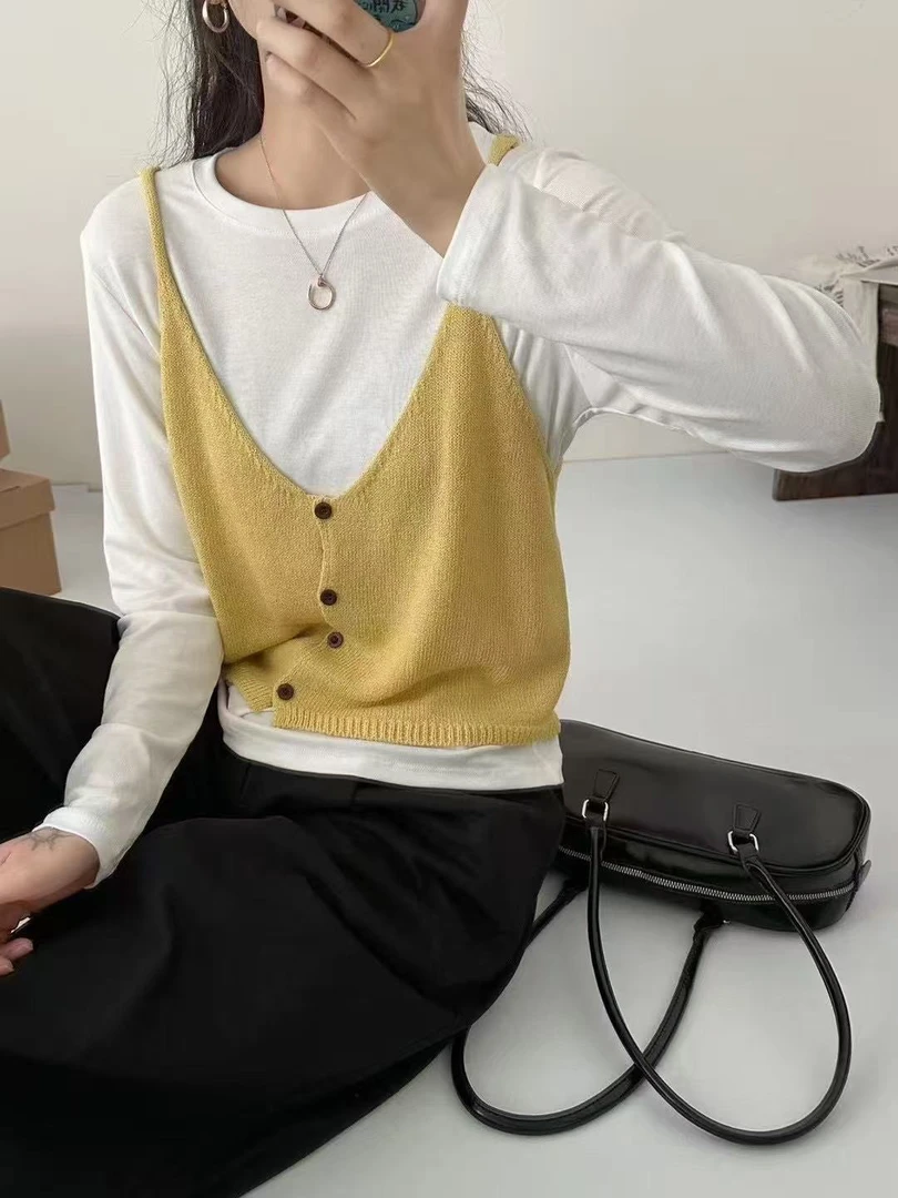 1999《心动叠搭》韩系V领针织吊带背心打底衫两件套春秋穿搭一整套