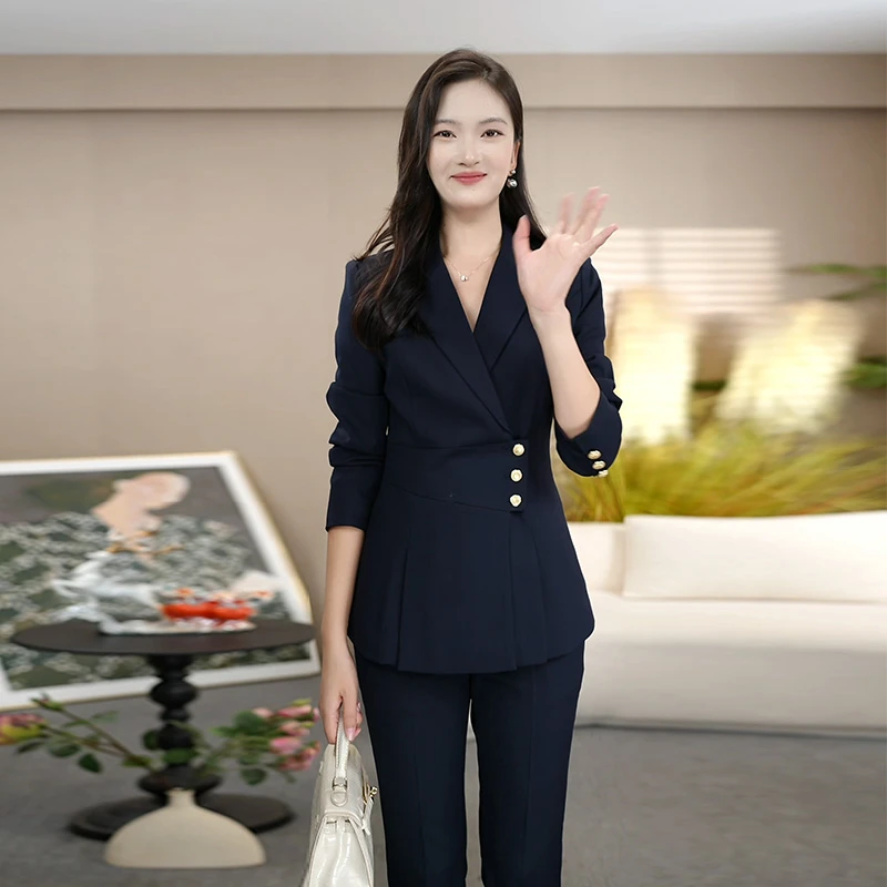 藏青色西装套装女春秋2025新款女士常规款面试职业时尚单排扣西装