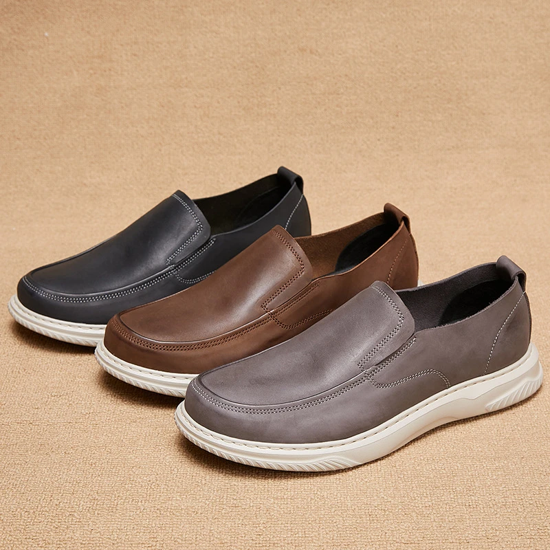 轻软光滑磨砂男士休闲皮鞋2025秋季新款套脚圆头舒适轻便休闲男鞋