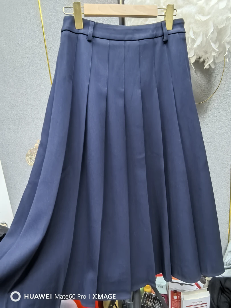 西装料拼接百褶半身裙高腰显瘦中长款A字裙