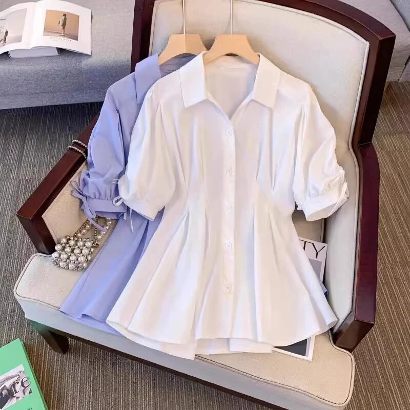 A2552巨遮肚子显瘦上衣大码短袖女胖mm洋气遮肉精致感衬衫2025年