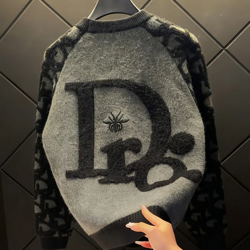 男款冬季宽松毛衣轻奢痞帅时尚休闲提花工艺圆领高级感针织衫潮款