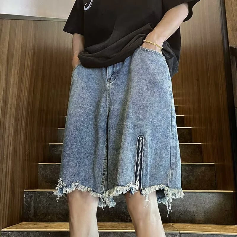 美式夏季牛仔短裤男薄款个性拉链毛边直筒裤街头潮流宽松休闲裤子