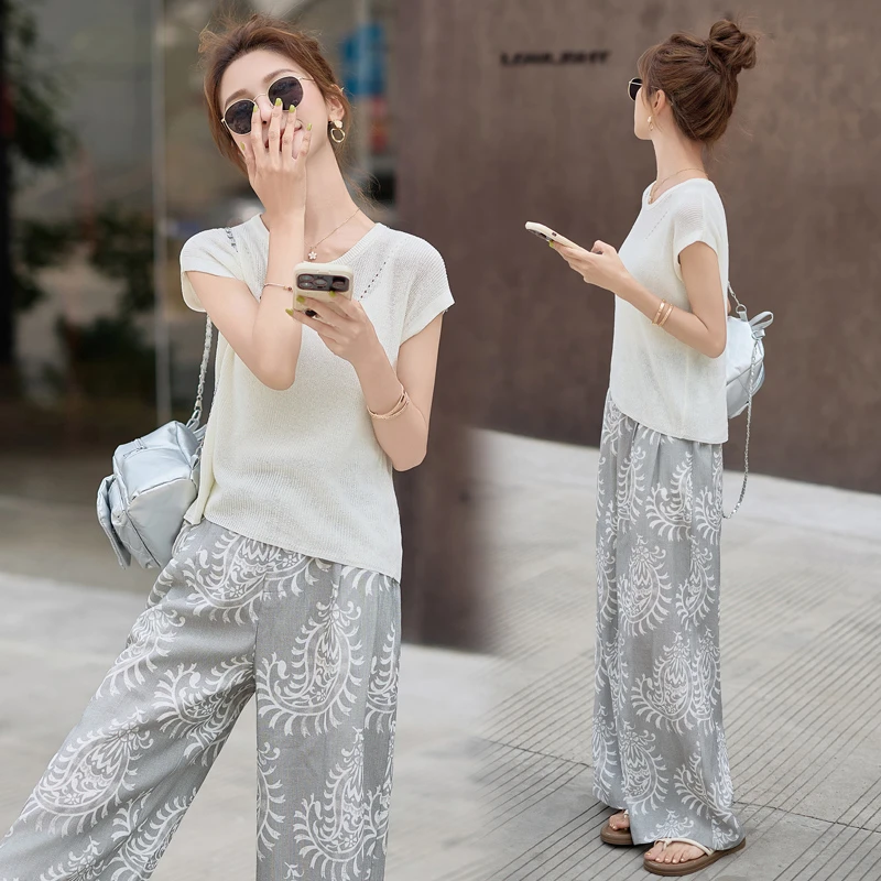 休闲气质显瘦印花套装女2025夏季新款设计感针织上衣阔腿裤两件套