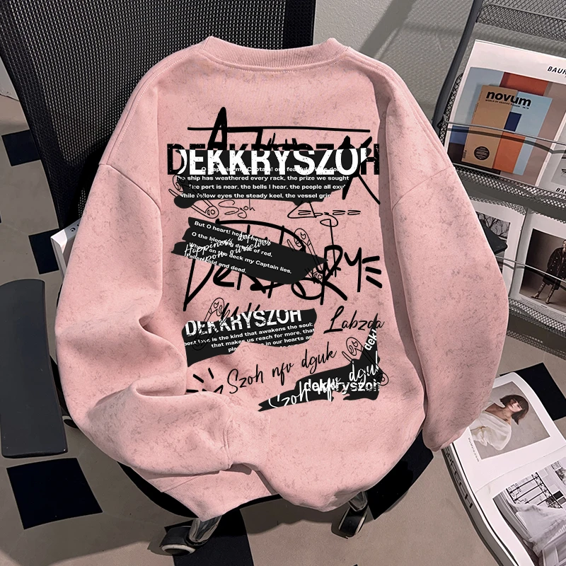 Dekkry潮流小众炫酷字母印花秋冬蜡染圆领卫衣男女情侣装套头上衣