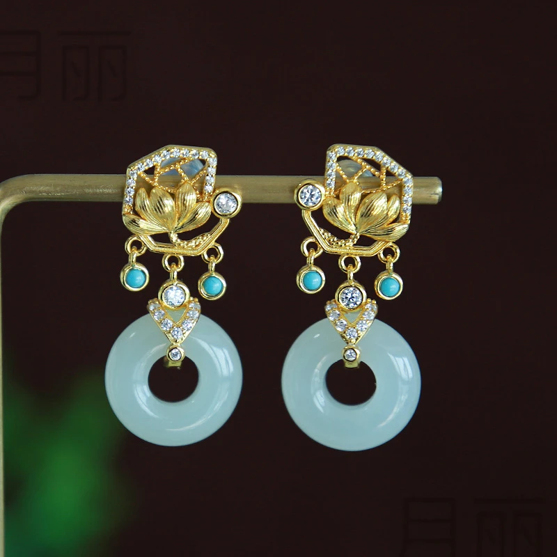 天然和田玉平安扣耳环新中式银镶莲花绿松耳坠轻奢高级感 送女友