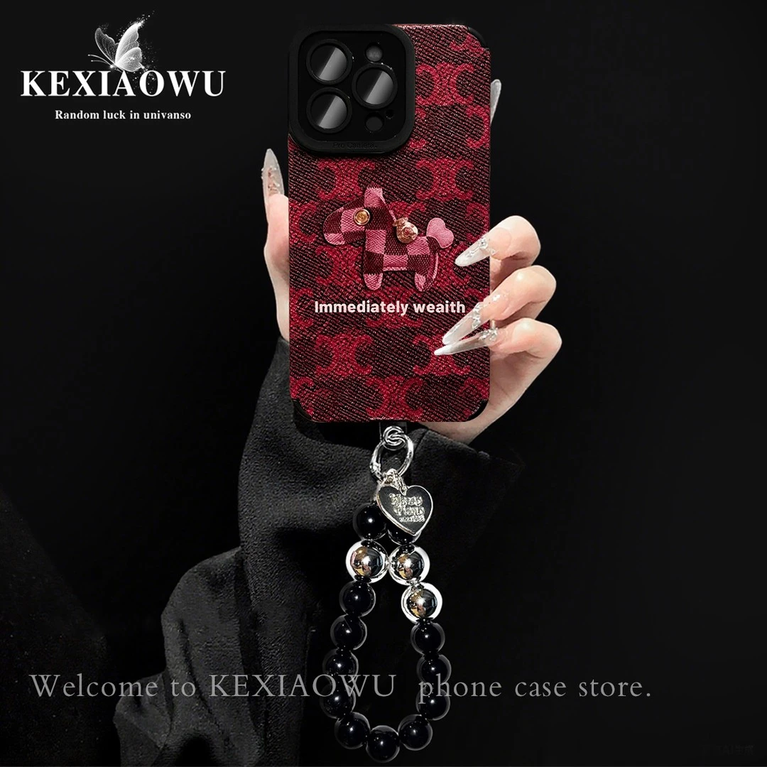 轻奢瞳眼英文小马适用苹果17PRO华为vivo小米oppo手链手机壳红色