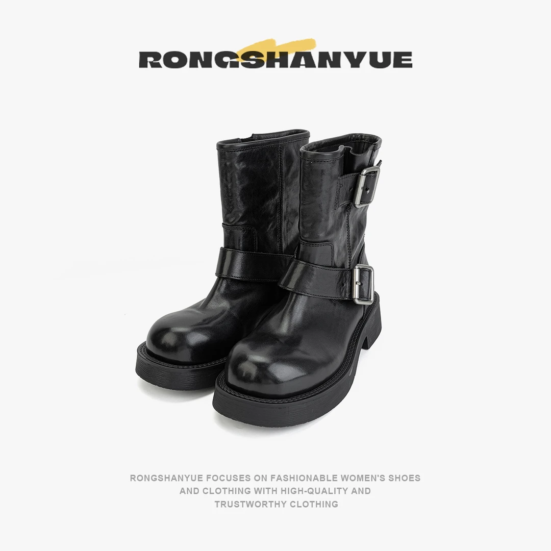 Rongshanyue牛皮西部短靴双扣粗跟厚底增高机车短靴女B1424