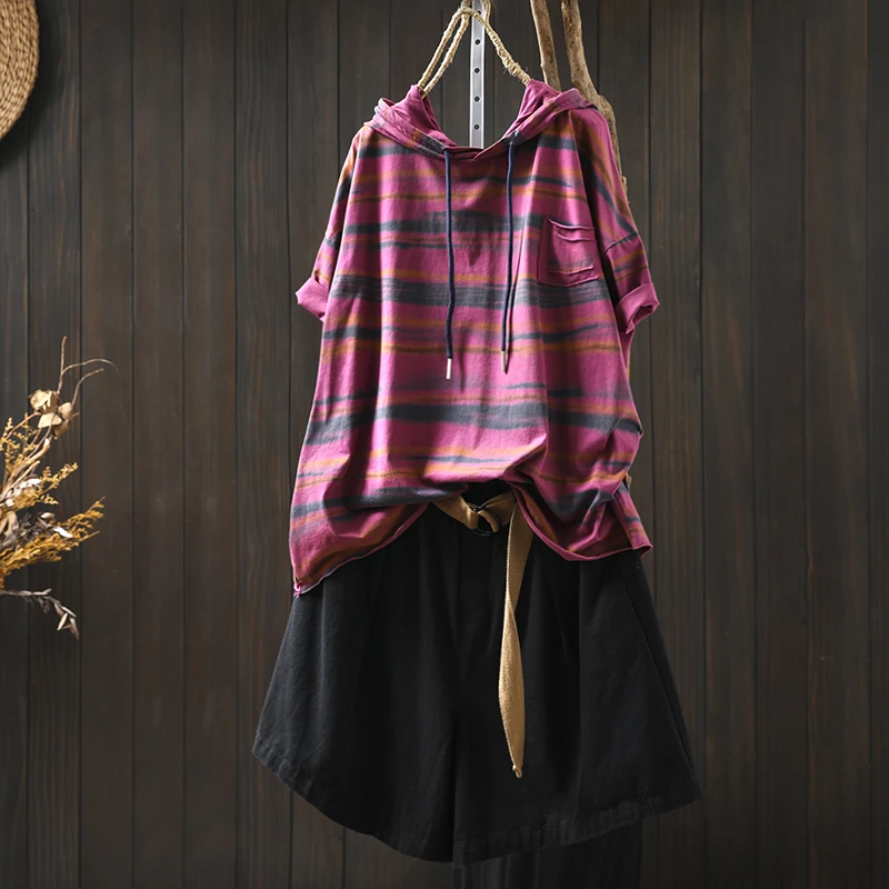 纯棉连帽条纹短袖t恤女宽松2025夏季新休闲百搭减龄大码洋气上衣