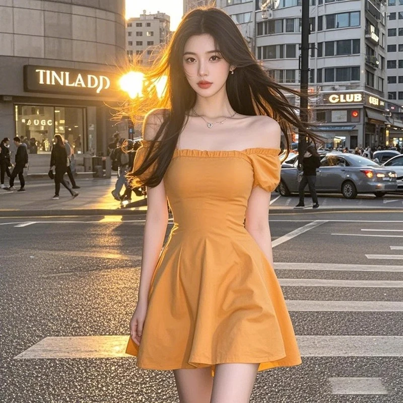 纯欲风辣妹泡泡袖一字肩性感气质2025新款夏季收腰显瘦a字连衣裙