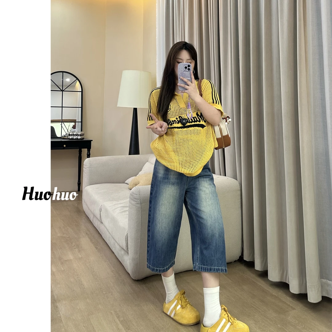 6721#大码复古美式七分牛仔裤女夏季宽松百搭休闲水洗阔腿直筒