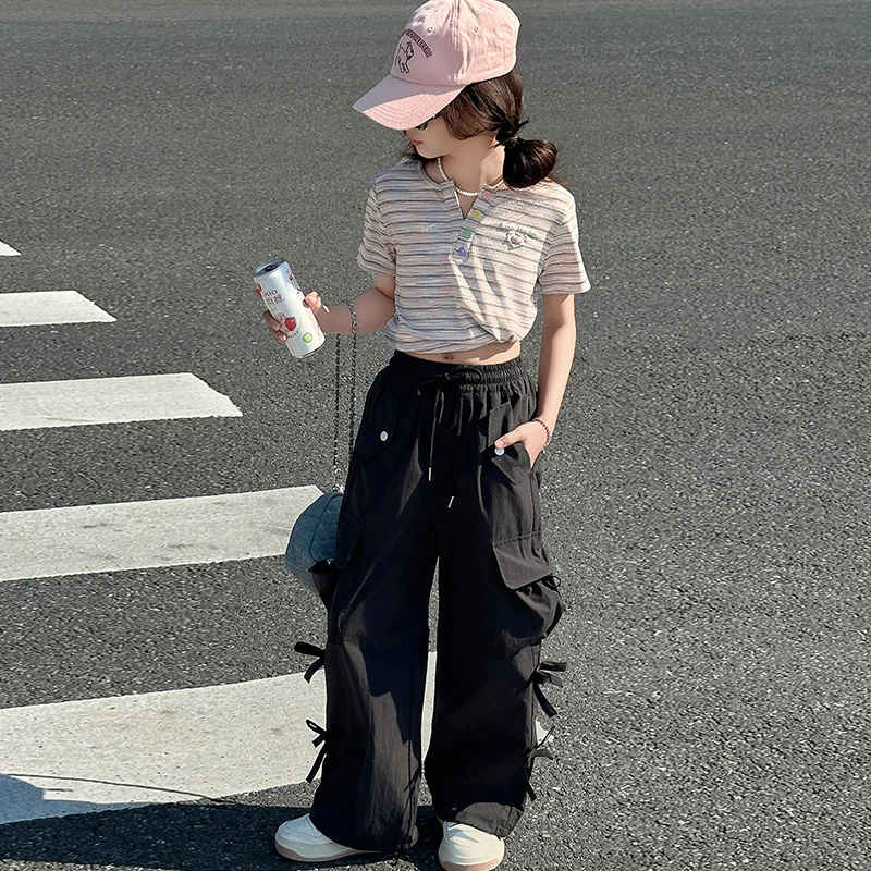 女童工装裤夏季2025新款女大童夏天薄款蝴蝶结长裤儿童休闲防蚊裤