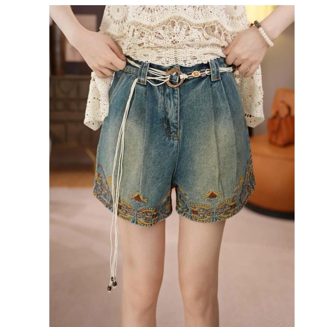 欧货站时尚宽松休闲高腰牛仔短裤2025年夏美式洋气复古刺绣阔腿裤