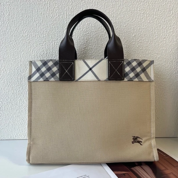 95新 BURBERRY/博柏利 XM/经典格纹帆布刺绣手提包/JJ02612113特
