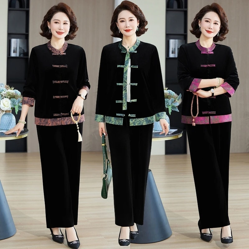 502洋气妈妈装中国风套装春复古显瘦中式上衣时尚气质休闲遮肚