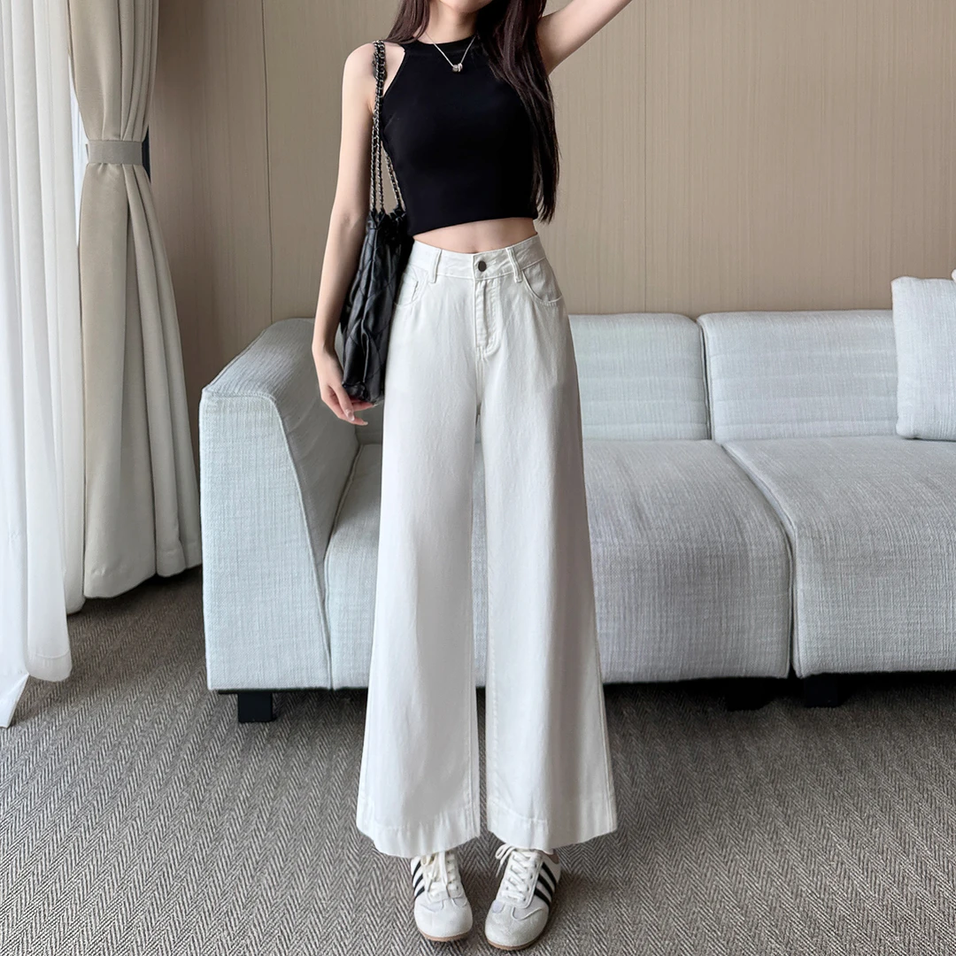 小个子白色微喇天丝软牛仔裤女夏季薄款高腰莱赛尔喇叭裤150显高