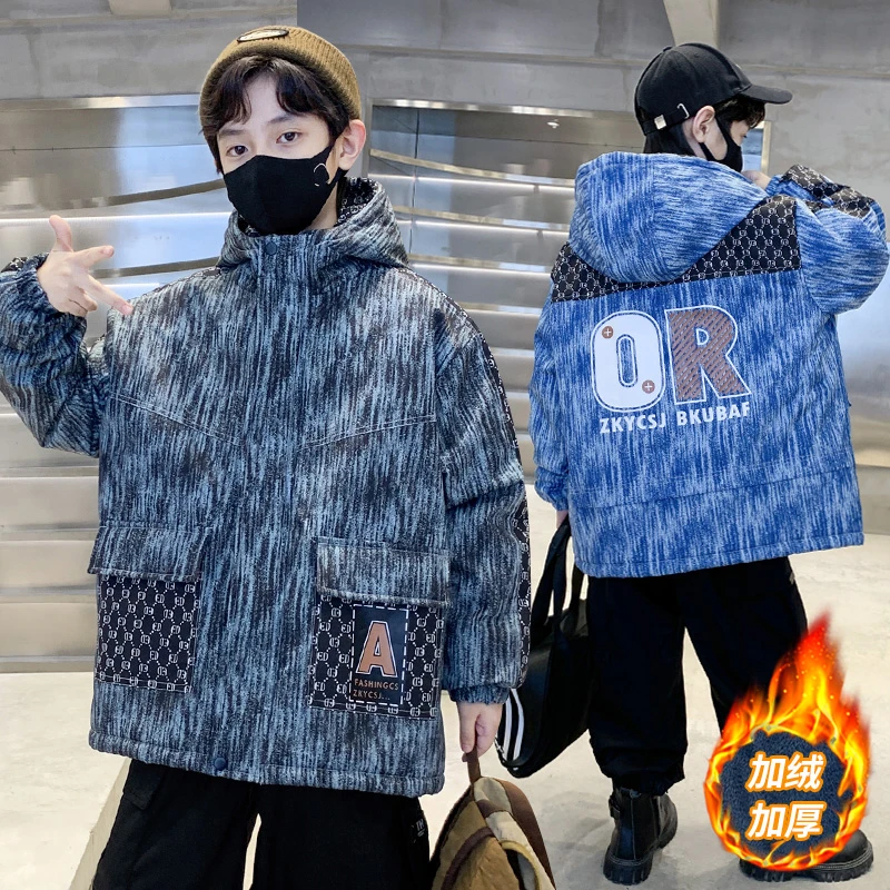 男童冬季加棉加厚连帽外套2025新款中大童加绒冬装棉衣保暖外套潮