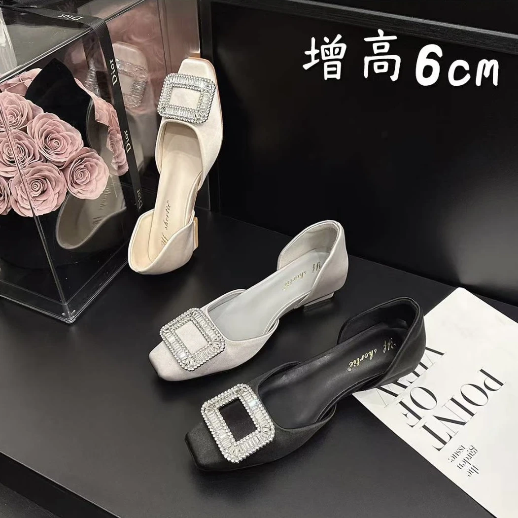 增高6cm雪花水钻扣爆款百搭气质单鞋女2025新款法式透气中空凉鞋