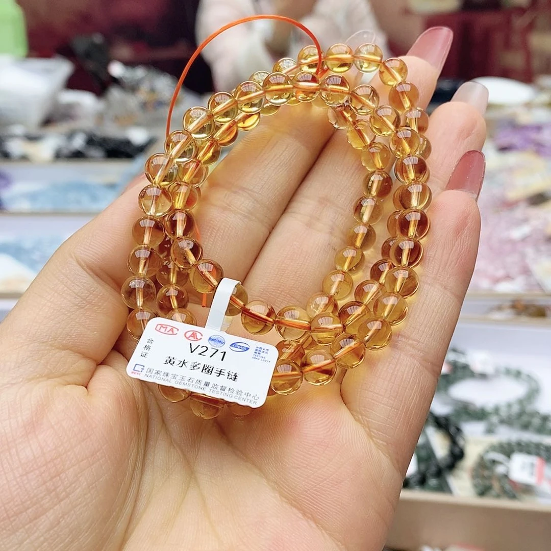 水晶手链未镶嵌大*~V271黄水晶多圈6m