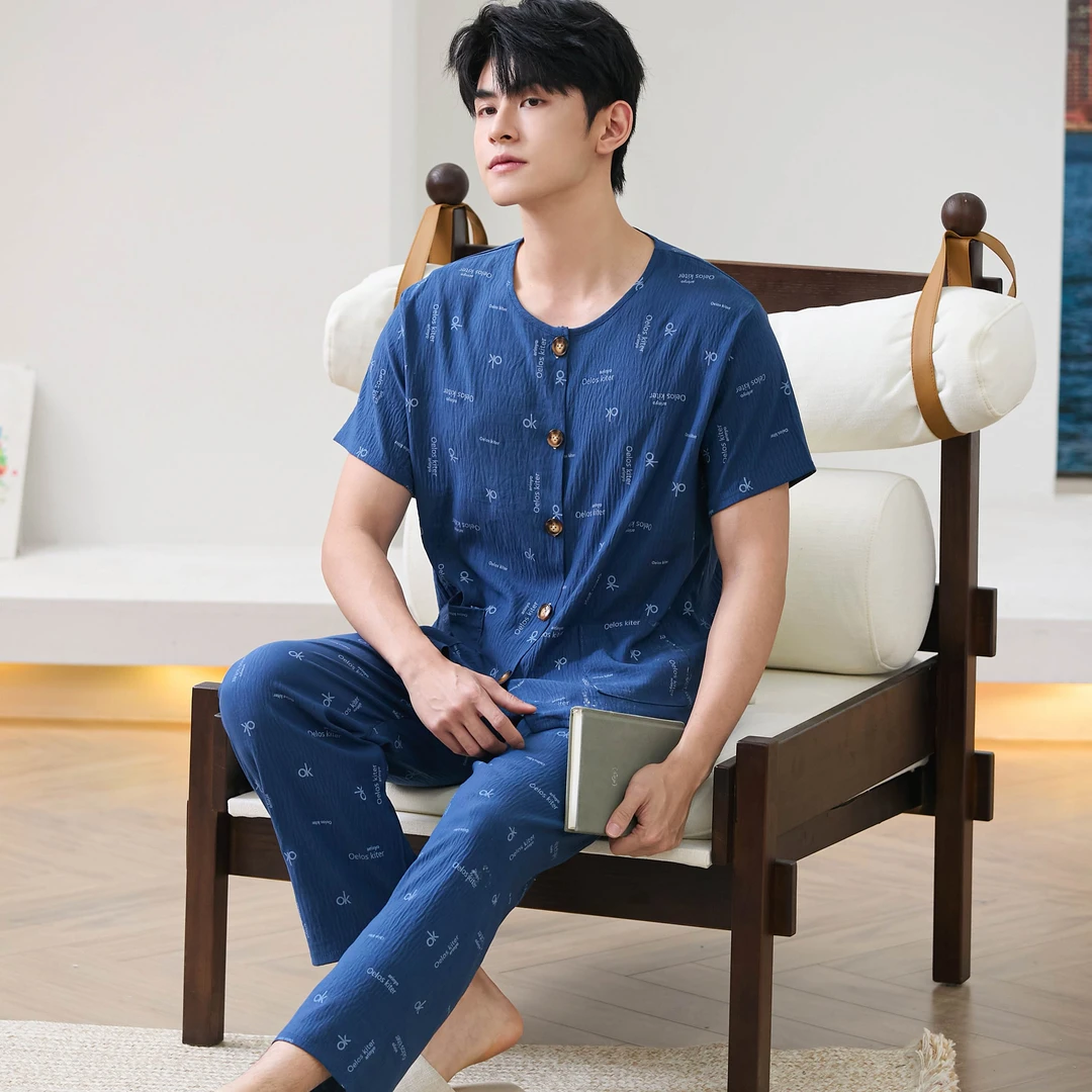 云朵棉睡衣男士夏季薄款加肥加大码中年短袖裤子套装空调家居服