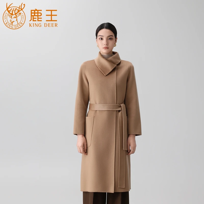 【小山羊绒系列】鹿王女花苞领100山羊绒系带长款大衣 LX1025
