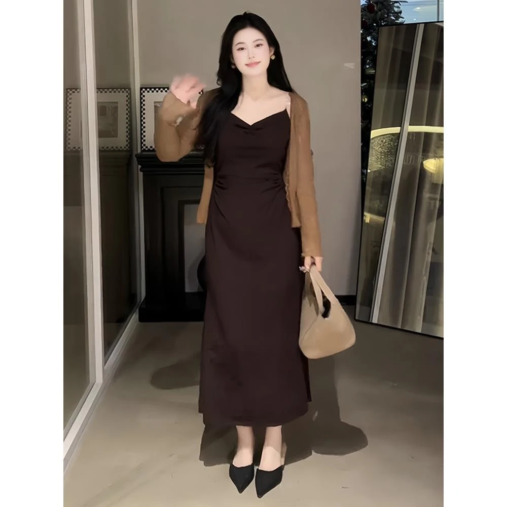 大码女装胖mm法式V领吊带连衣裙+长袖开衫2025秋季气质显瘦套装