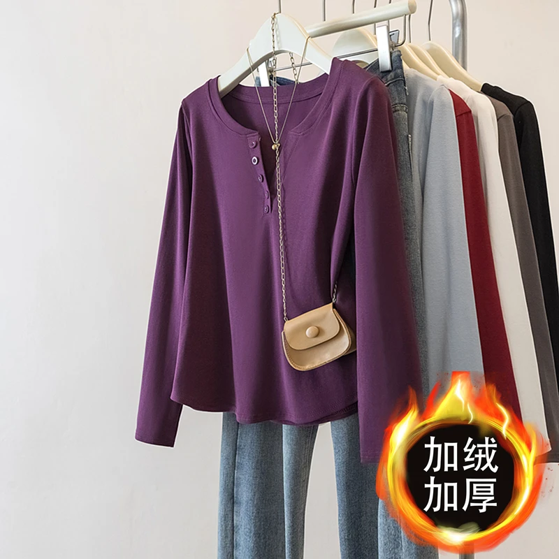 大码女装2025秋冬季新款时尚百搭宽松显瘦V领排扣长袖T恤上衣2153