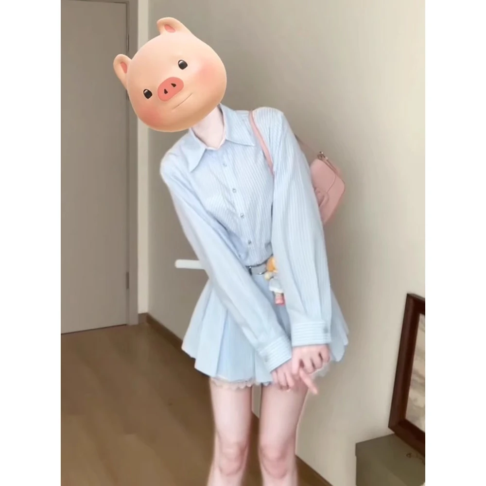 夏季2025新款蓝色条纹衬衫连衣裙女学院风时尚a字百褶短裙子气质